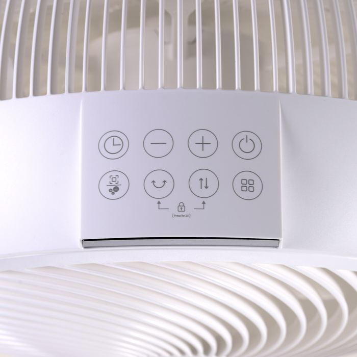 Close-up of EdenPURE GEN80 Smart Cooler/Purifier control panel with touch buttons and white casing details