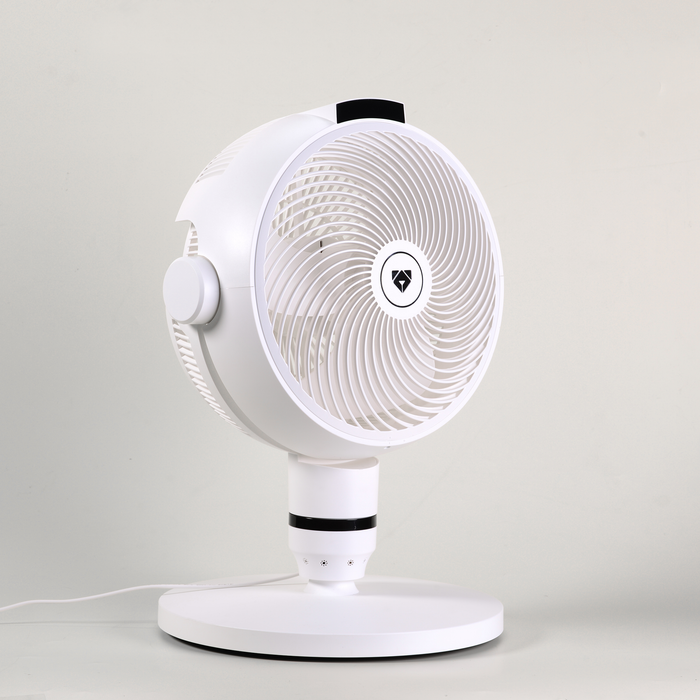EdenPURE GEN80 Smart Cooler Purifier in white with round vent grille and adjustable stand isolated on gray background