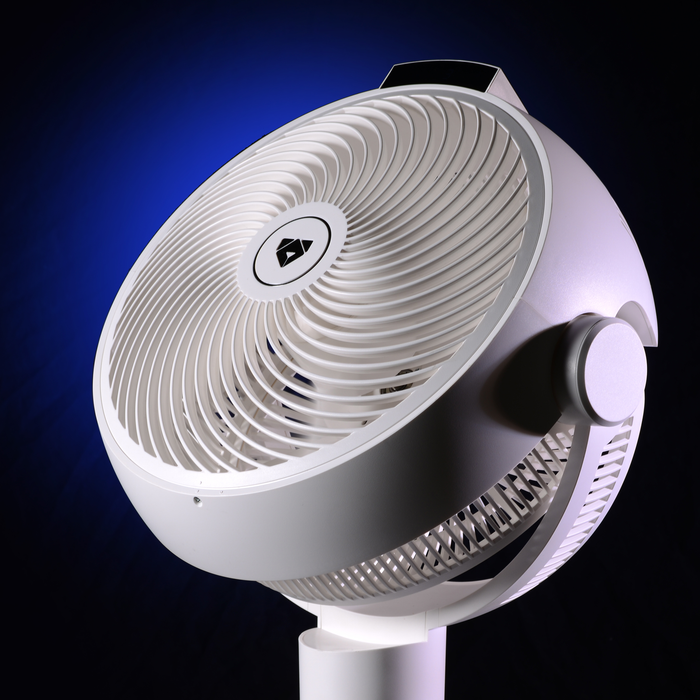 EdenPURE GEN80 Smart Cooler Purifier in white with circular grill and adjustable stand on blue background