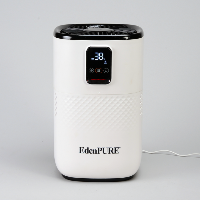 EdenPURE Mist-Free Humidifier in white with digital display and black top vent isolated on gray background