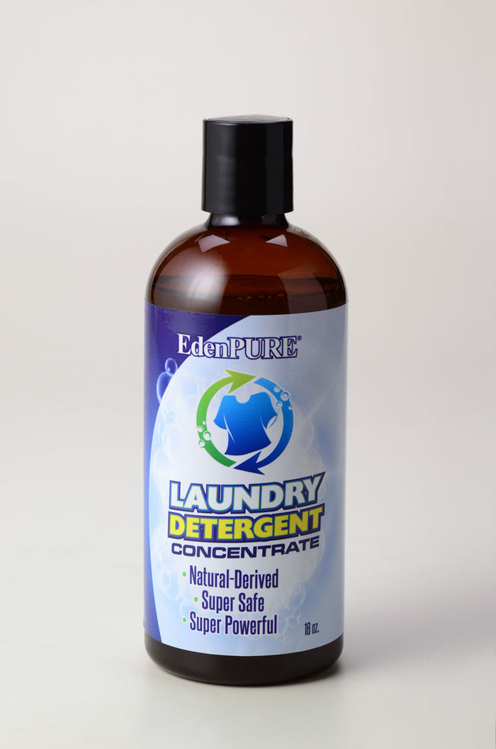 EdenPURE Laundry Detergent Concentrate in brown bottle with black cap and label highlighting natural, safe, and powerful features