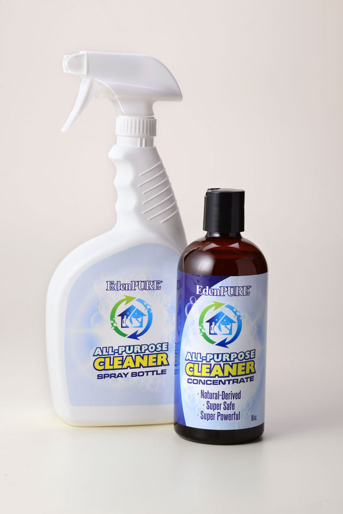 EdenPURE all-purpose natural household cleaner spray bottle and concentrate with blue labels on white background