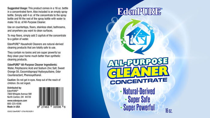 EdenPURE Natural Household Cleaner Kit with blue logo and label highlighting all-purpose concentrate, natural-derived and super safe formula