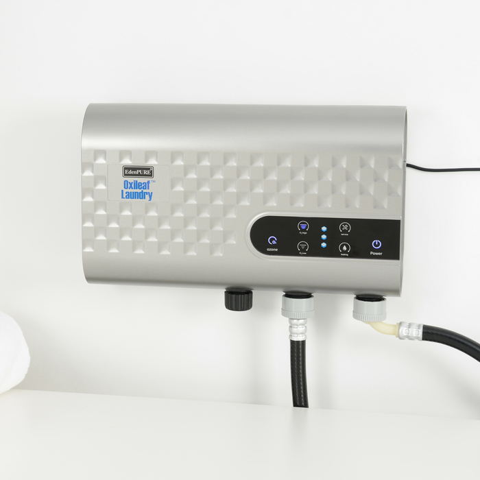 EdenPURE Oxileaf Laundry Wash System in silver with digital control panel and connected hoses on white background