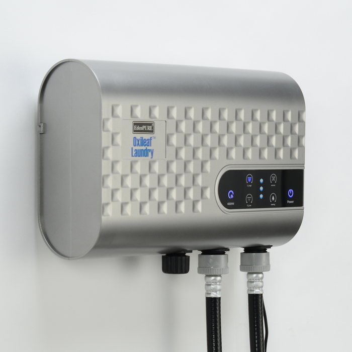 EdenPURE Oxileaf Laundry Wash System in silver with textured front panel and digital control buttons mounted on wall
