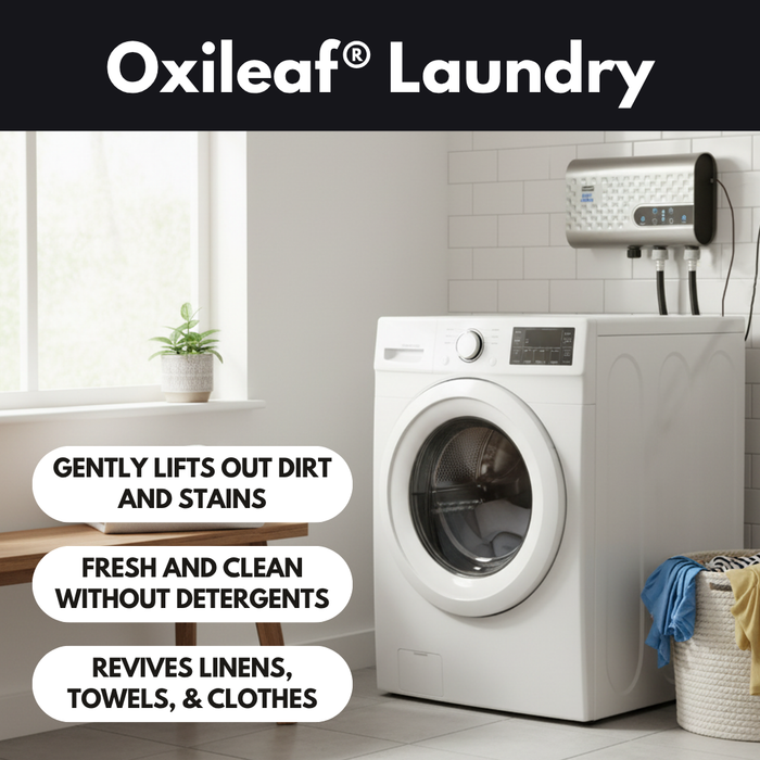 EdenPURE Oxileaf Laundry Wash System mounted above white front-load washing machine in bright laundry room setting