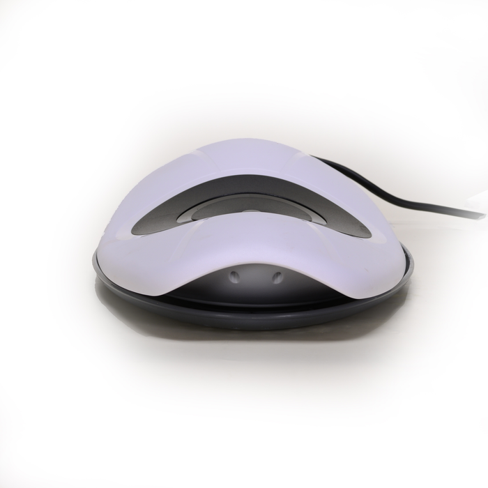 EdenPURE PainNOT Smart Back Appliance in white and gray with curved ergonomic design and attached power cord isolated on white background