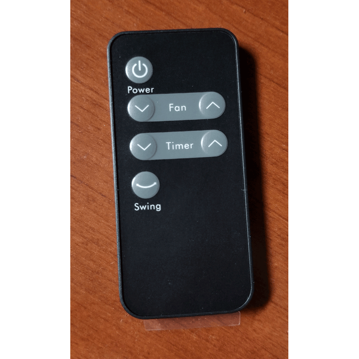 Black EdenPURE remote control replacement with power, fan, timer, and swing function buttons on wooden surface