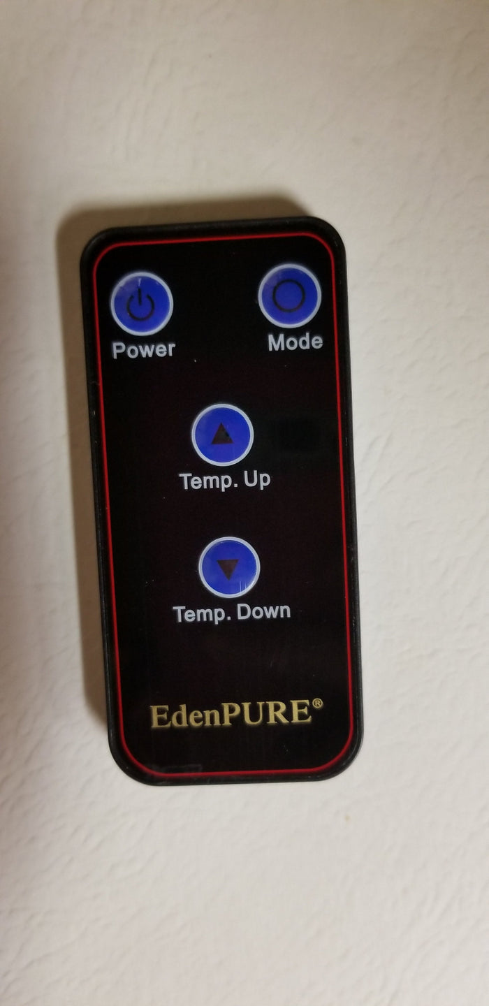EdenPURE remote control replacement with power, mode, temperature up and down buttons in black casing with red border