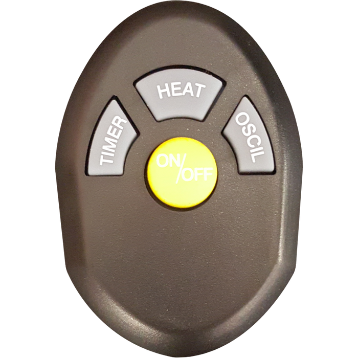 EdenPURE remote control replacement with black casing and yellow on/off button, featuring timer, heat, and oscillate keys