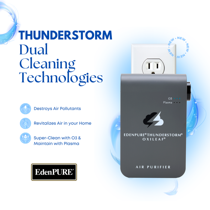EdenPURE Thunderstorm Oxileaf III air purifier plugged into wall outlet with dual cleaning technology text and icons on white background