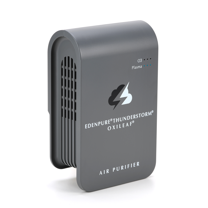 EdenPURE Thunderstorm Oxileaf III air purifier in dark gray with ventilation slats and status lights on white background