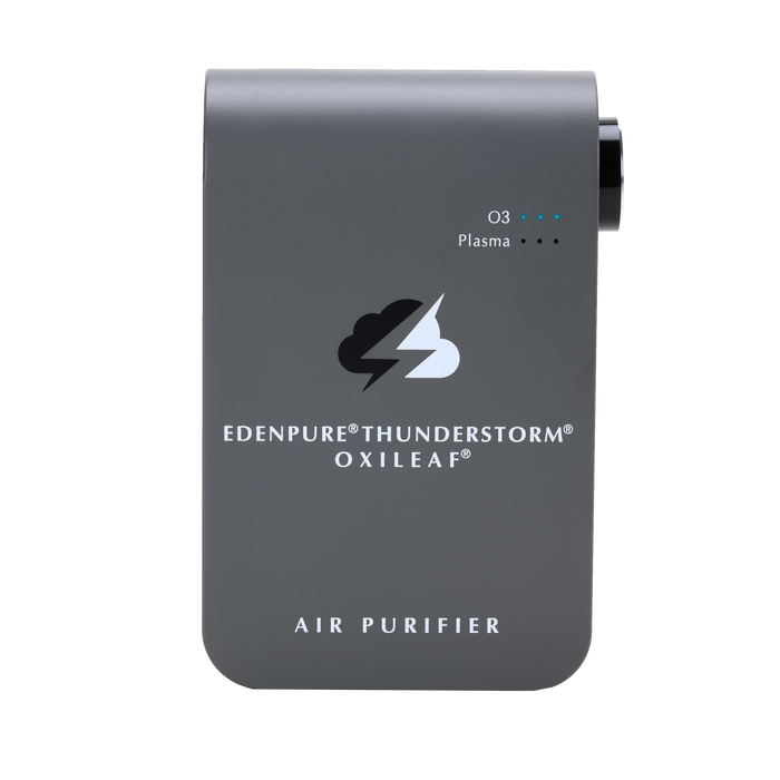 EdenPURE Thunderstorm Oxileaf III air purifier in gray with logo and control lights on front isolated on white background