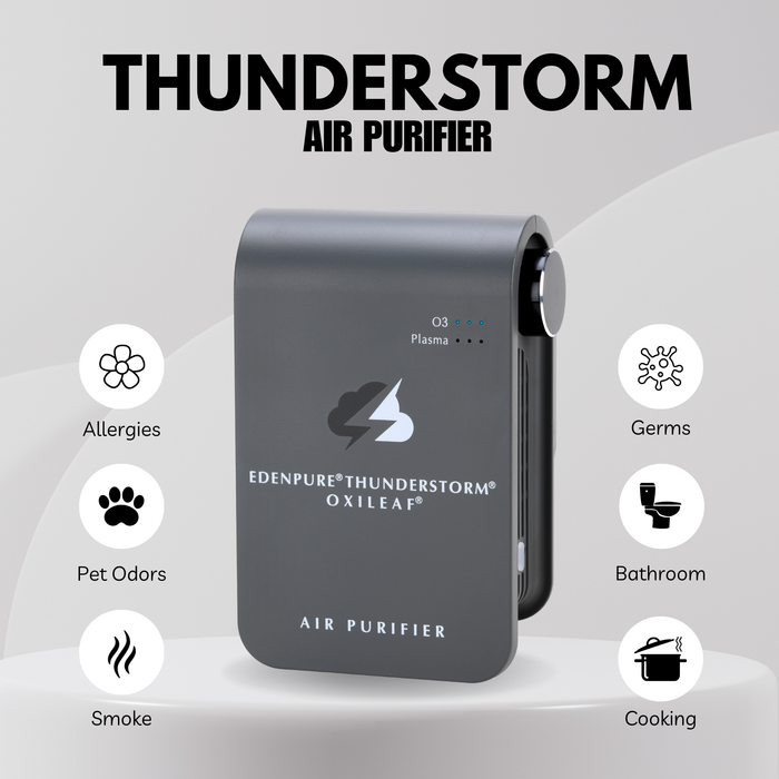 EdenPURE Thunderstorm Oxileaf III air purifier in black with O3 and Plasma indicators on white background