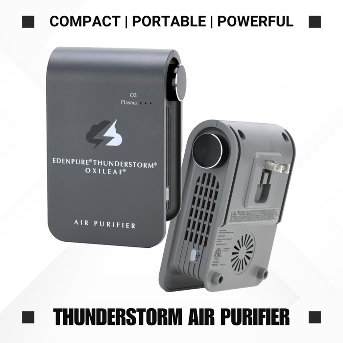 EdenPURE Thunderstorm Oxileaf III compact portable air purifier in dark gray with plasma and ozone indicator lights