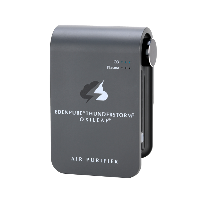 EdenPURE Thunderstorm Oxileaf III compact air purifier in gray with indicator lights and control knob on white background