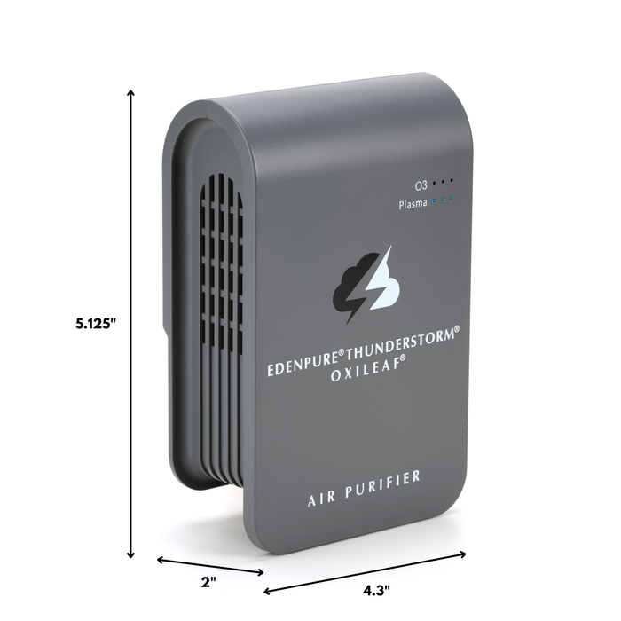 EdenPURE Thunderstorm Oxileaf III compact gray air purifier with dimensions and plasma indicator lights on front panel