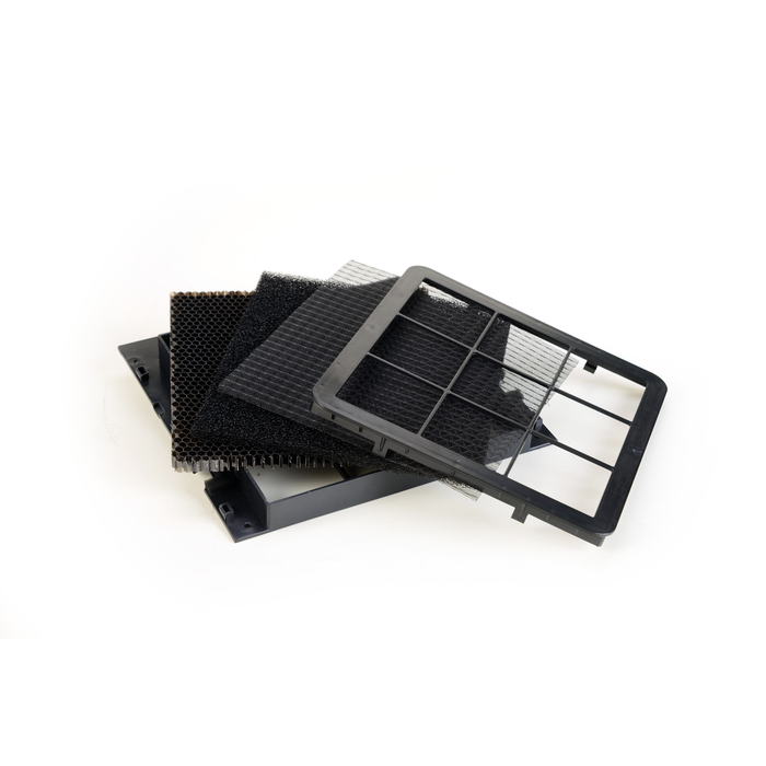 EdenPURE Thunderstorm Oxileaf XL100 complete replacement filter set with layered black foam and plastic frame on white background