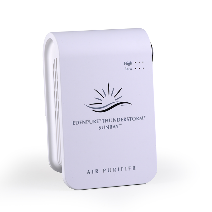 EdenPURE Thunderstorm Sunray compact white plasma air purifier with high and low setting indicators isolated on white background