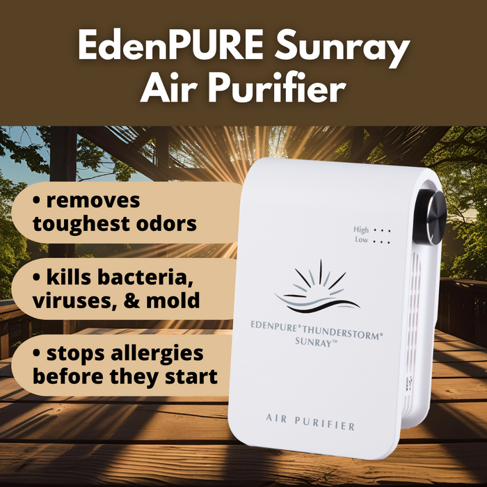 EdenPURE Thunderstorm Sunray air purifier in white with black dial and air vents on outdoor wooden deck background