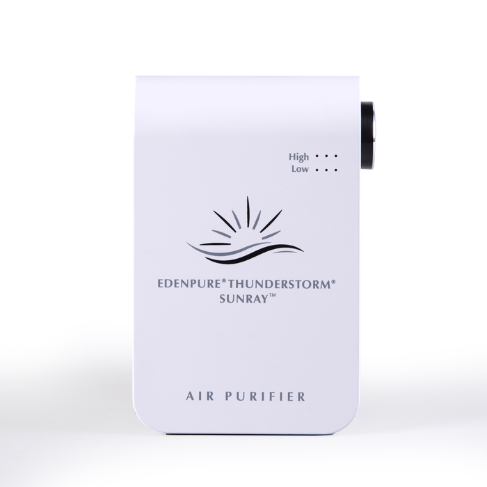 EdenPURE Thunderstorm Sunray white compact plasma air purifier with airflow control and logo on front isolated on white background