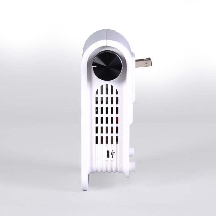 Side view of EdenPURE Thunderstorm Sunray Plasma Air Purifier in white showing USB port and power plug on plain background