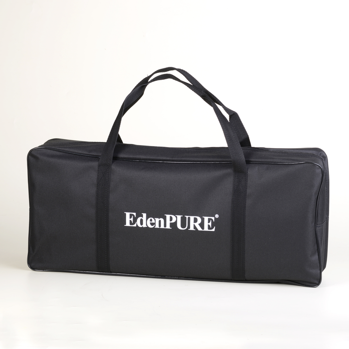 Black EdenPURE branded carrying case for TotalRELIEF heating pad with dual handles isolated on white background