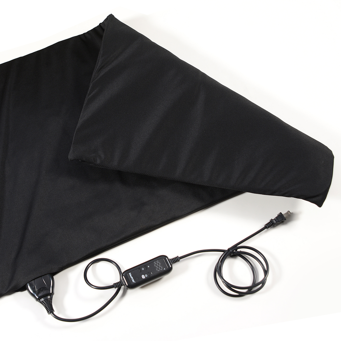 EdenPURE TotalRELIEF Heating Pad black fabric with attached remote control and power cord on white background