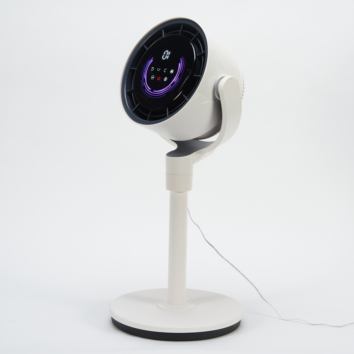 EdenPURE TurboAIR fan in white with digital touchscreen panel and round adjustable head on pedestal base isolated on white background