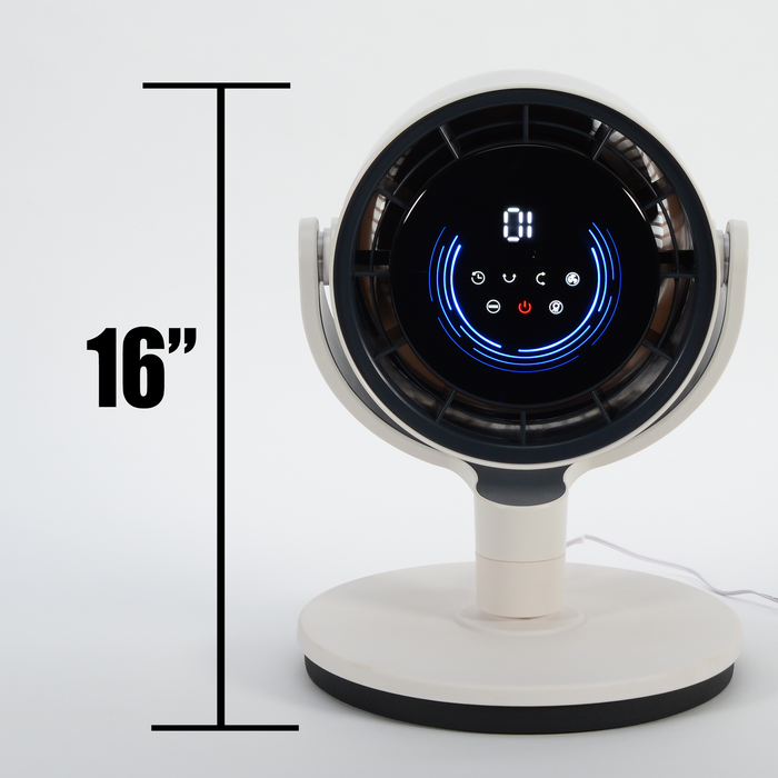EdenPURE TurboAIR Fan in white with digital touchscreen control panel and 16-inch height measurement on white background