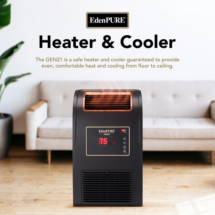EdenPURE Wall-Hugger GEN21 infrared heater and cooler with digital display heating a living room space