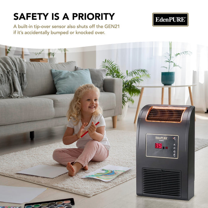 EdenPURE Wall-Hugger GEN21 Infrared Heater in living room with child playing on floor and safety tip-over feature visible