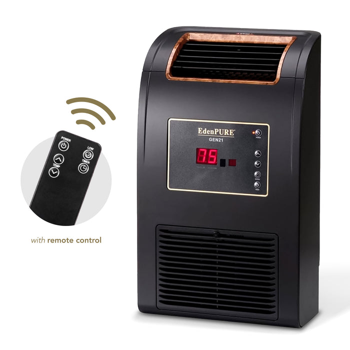 EdenPURE Wall-Hugger GEN21 Infrared Heater in black with digital display and remote control shown on white background
