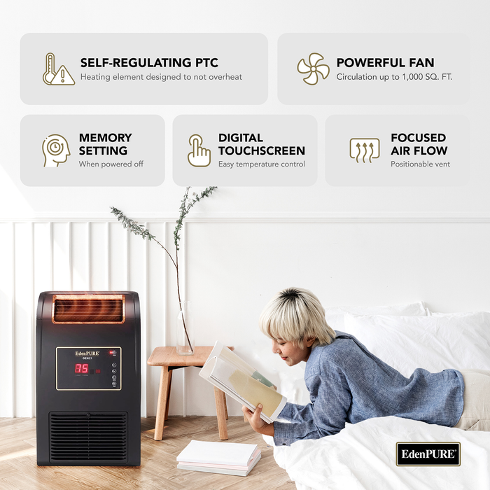 EdenPURE Wall-Hugger GEN21 Infrared Heater with digital touchscreen and focused airflow in modern bedroom setting