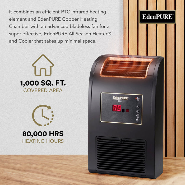 EdenPURE Wall-Hugger GEN21 Infrared Heater with digital display and copper heating chamber on wooden surface