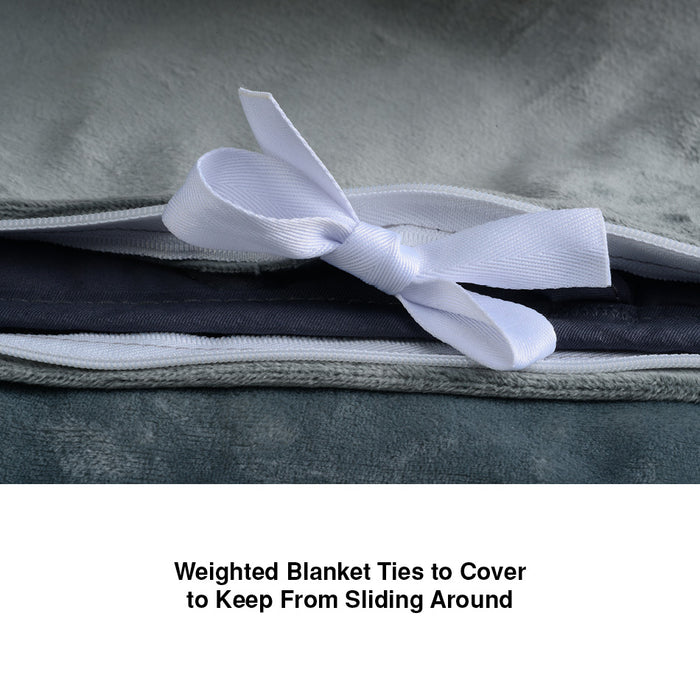 Close-up of white fabric tie securing EdenPURE weighted calming blanket cover to prevent slipping on gray and navy layers