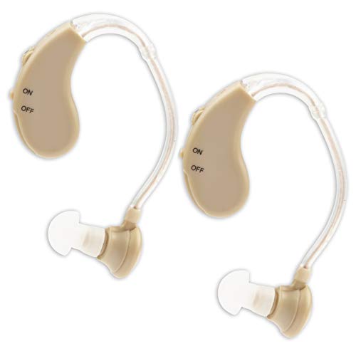 Pair of beige Elite Ear Nude Hearing Amplifiers with clear ear hooks and on/off switch isolated on white background