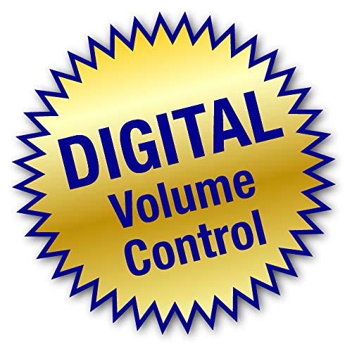 Gold starburst badge with blue text stating DIGITAL Volume Control on a white background