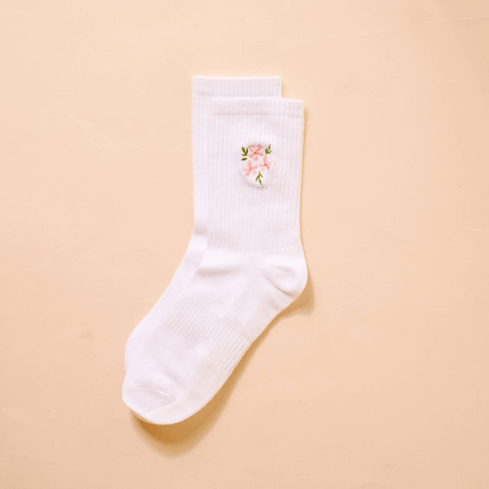Embroidered Crew Socks-Floral Pink