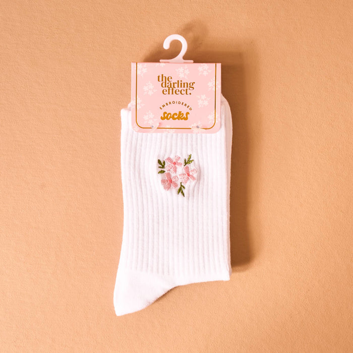 Embroidered Crew Socks-Floral Pink