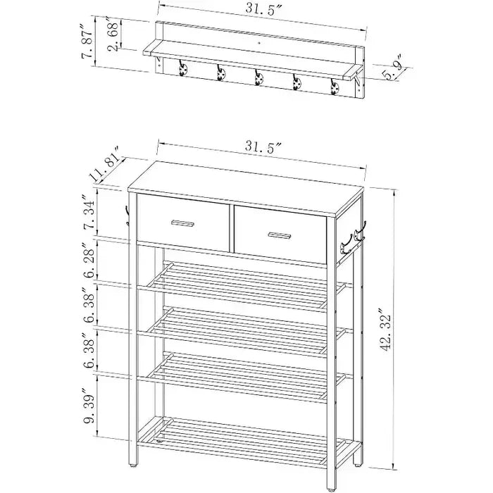 4-tier Shoe Rack With 2 Drawers, Shoes Storage Rack One Set Hallway Show Rack With Storage And Hooks Entry Way 31.5 x 11.81 x 42.32 Inch