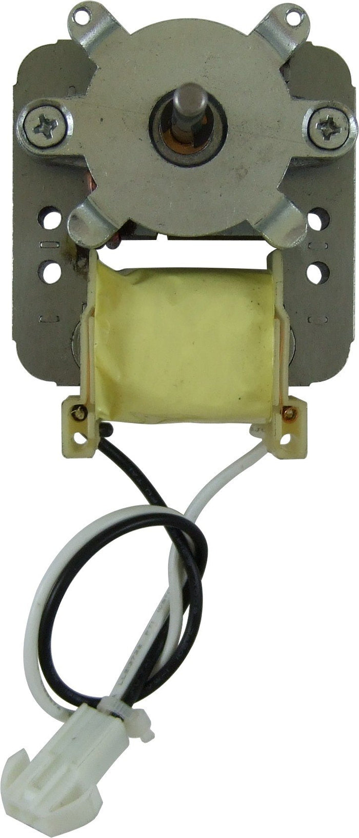 Front view of Fan Motor A3830/RP with metal mounting plate, yellow coil, and black and white wires with connector
