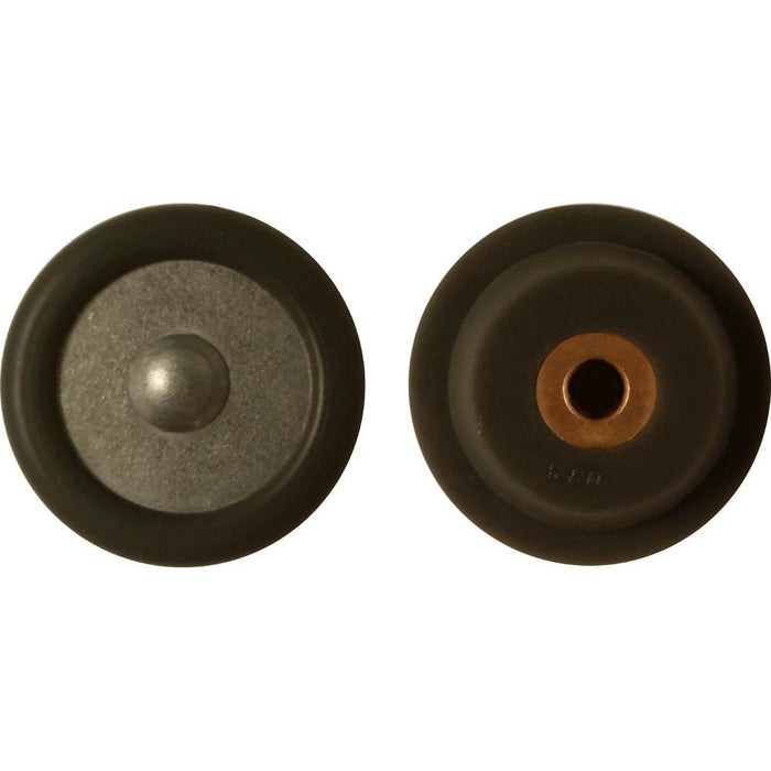 Front and back view of EdenPURE fan silicone bearing US026 part with rubber casing and metal center isolated on white background