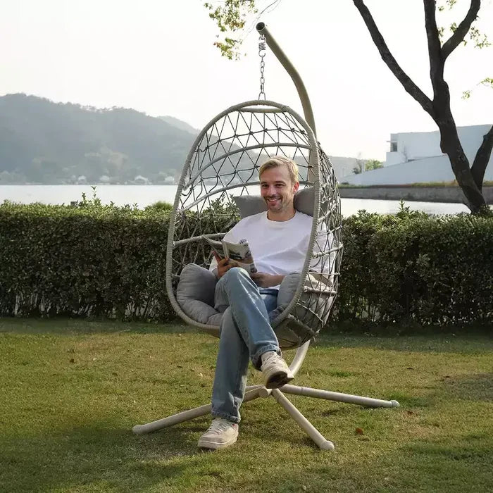 Heynemo Hanging Egg Chair Outdoor Swing Chair with Stand, Hammock Chair Indoor, Patio Boho Wicker Hanging Chair with Stand 350lbs Capacity