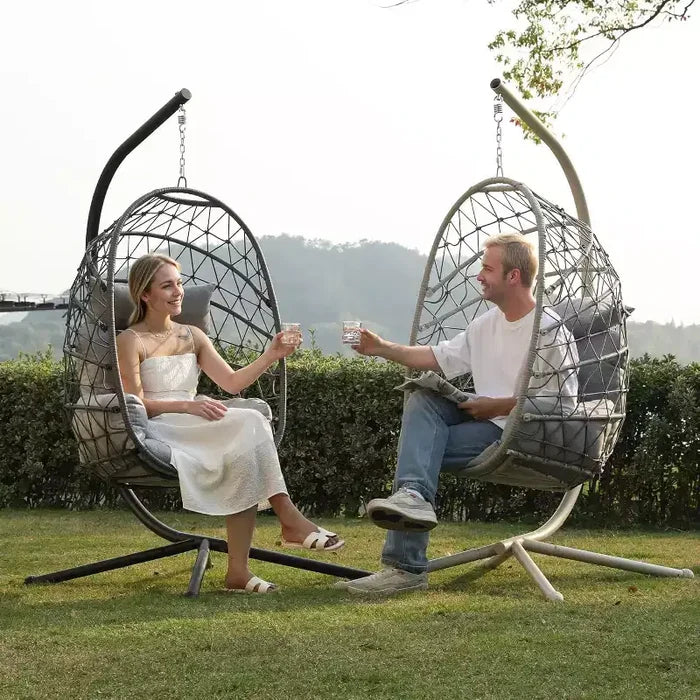 Heynemo Hanging Egg Chair Outdoor Swing Chair with Stand, Hammock Chair Indoor, Patio Boho Wicker Hanging Chair with Stand 350lbs Capacity