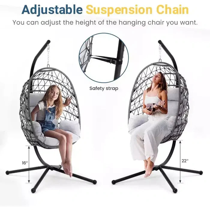 Heynemo Hanging Egg Chair Outdoor Swing Chair with Stand, Hammock Chair Indoor, Patio Boho Wicker Hanging Chair with Stand 350lbs Capacity