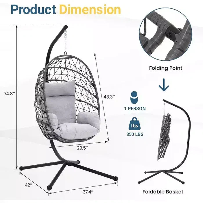 Heynemo Hanging Egg Chair Outdoor Swing Chair with Stand, Hammock Chair Indoor, Patio Boho Wicker Hanging Chair with Stand 350lbs Capacity
