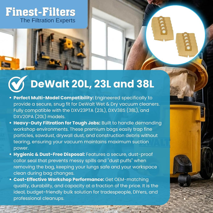 Finest-Filters Heavy-Duty Dust Bags Compatible with DeWalt DXV32PTA