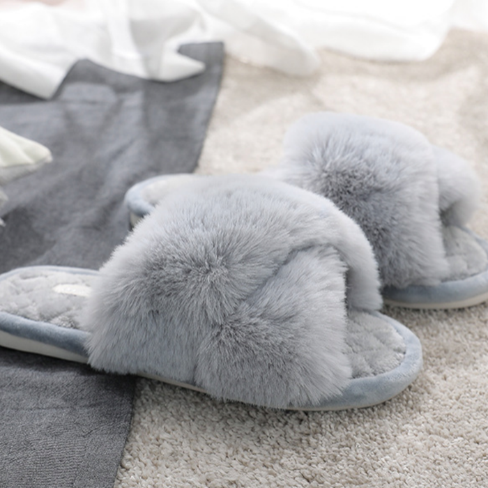 Fluffy Criss Cross Slippers-Gray