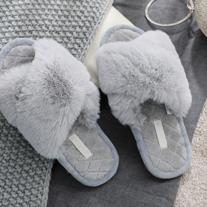 Fluffy Criss Cross Slippers-Gray